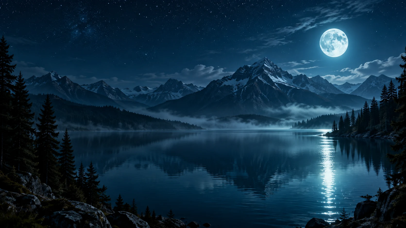Moonlit lake between mountains